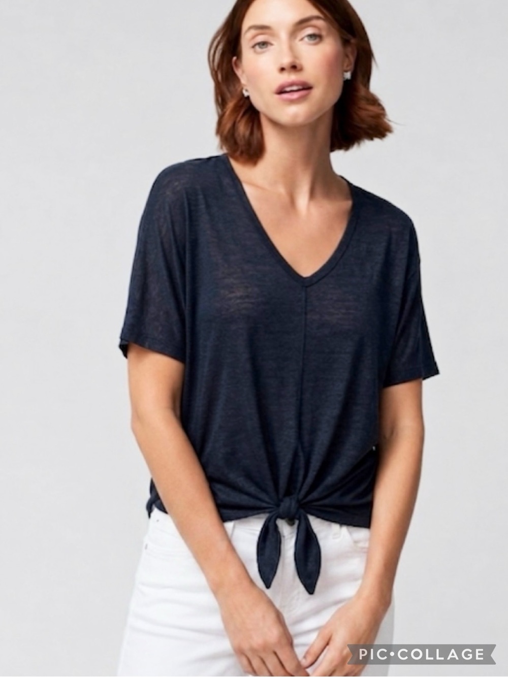 Chico’s Navy Blue Tie Front Linen Dolman Sleeve Top S Nautical Preppy
